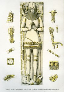 Efígie e detalhes da armadura do túmulo de Sir John Stanley, Igreja de São Pedro, Elford, Staffordshire, Inglaterra, 1848-18 (gravura colorida à mão)